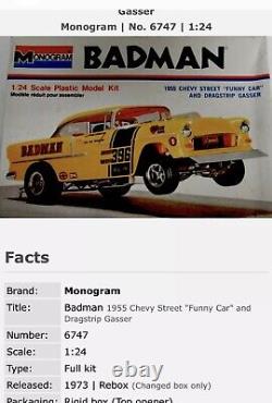 MonogramBadman 1955 Chevy Street F/C Dragstrip Gasser 1/24 #6747 F/S In 1973