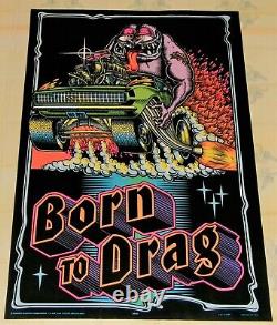 RARE VINTAGE 1970`s BORN TO DRAG VELVET BLACKLIGHT POSTER 1968 CAMARO 32X21