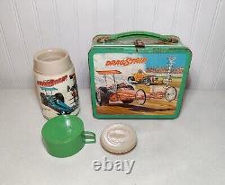 Vintage 1975 Alladdin Industries Drag Strip Car Race Metal Lunchbox + Thermos