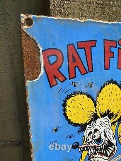 Vintage Rat Fink Porcelain Metal Sign Hot Rod Drag Racing Car Oil Gas Ed Roth