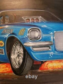 Dessin d'art original de la voiture de course Jungle Jim Liberman Camaro Funny Car de 1970