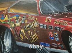 Dessin d'art original de la voiture de dragster Jungle Jim Liberman Vega Funny Car de 1974