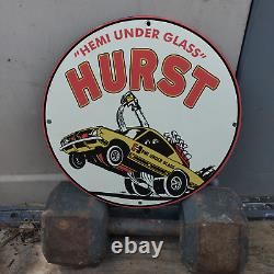 Vintage 1969 Hurst Hemi Under Glass Drag Racing Cars Porcelaine Essence & Oil Sign