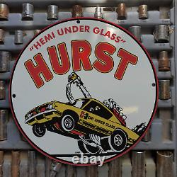 Vintage 1969 Hurst Hemi Under Glass Drag Racing Cars Porcelaine Essence & Oil Sign